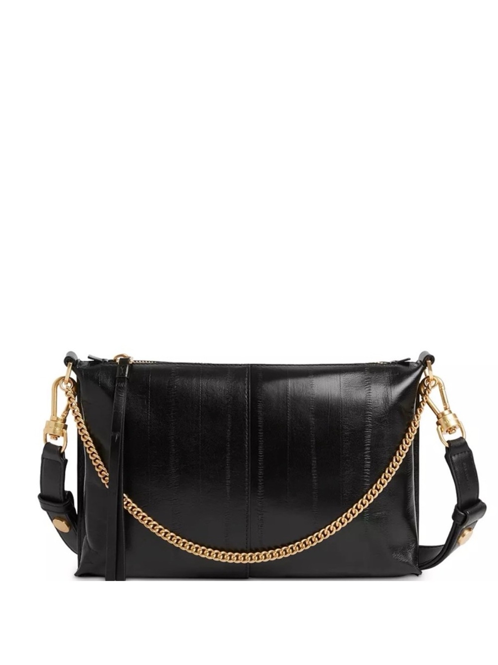AllSaints Eve Black Leather Crossbody with Gold Chain Detail. New, Never Worn.